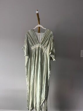 World Market Green Striped Kaftan Beach Dress, V-Neck, Free Size